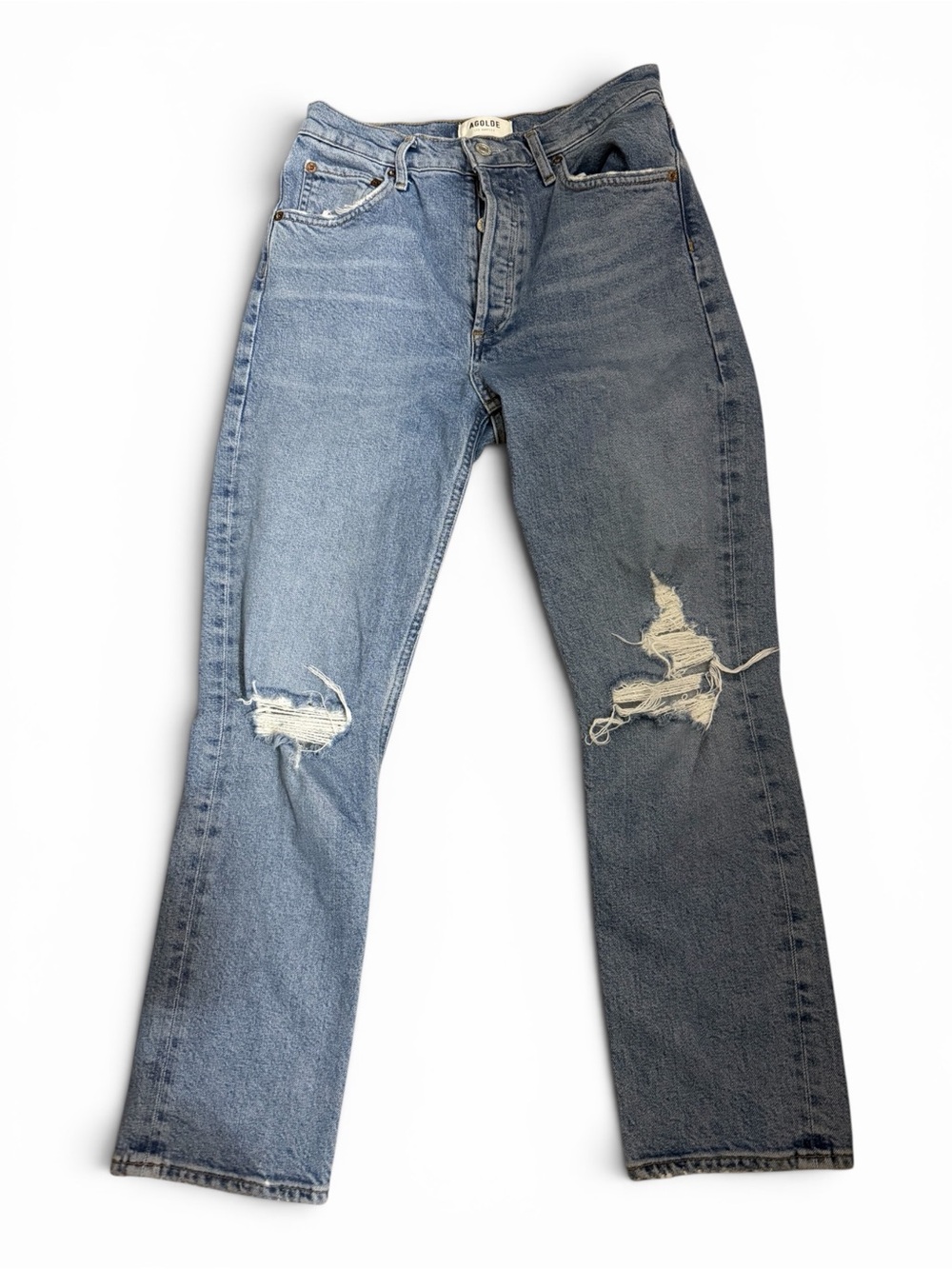 Agolde High RiseStraight Leg Distressed Jeans - Light Blue & Dark Blue